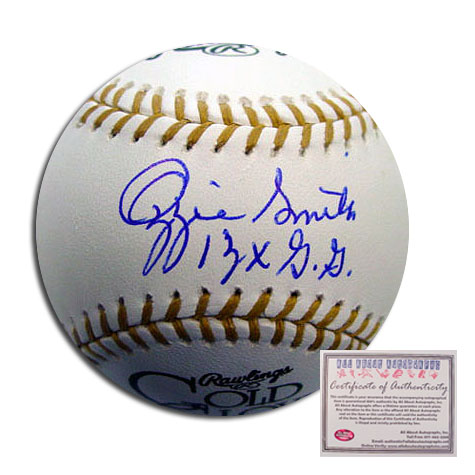 Ozzie Smith St Louis Cardinals MLB Hand Signed Gold Glove Baseball with 13x GG Inscription