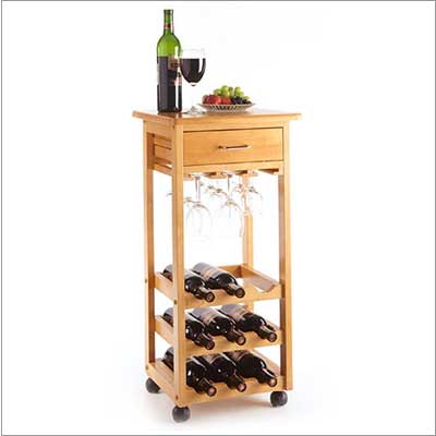 Winsome 34333 Wine Cart with Glass Rack Drawer Holds 9 Bottles - Light Oak