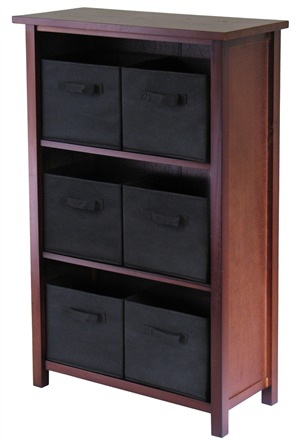 94281 Verona 3 Section M Storage Shelf with 6 Foldable Fabric Baskets - Walnut and Black