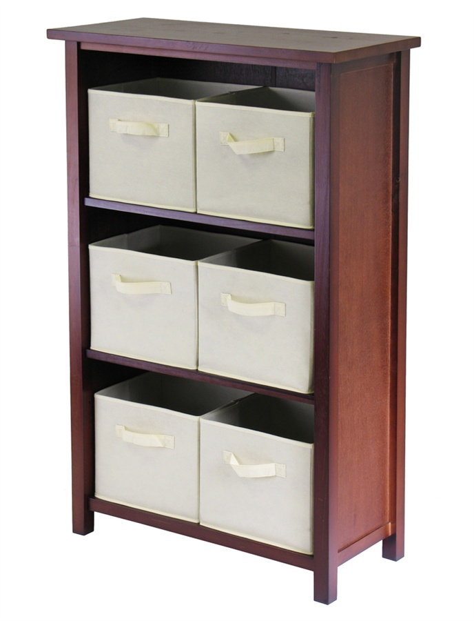 94881 Verona 3 Section M Storage Shelf with 6 Foldable Fabric Baskets - Walnut and Beige