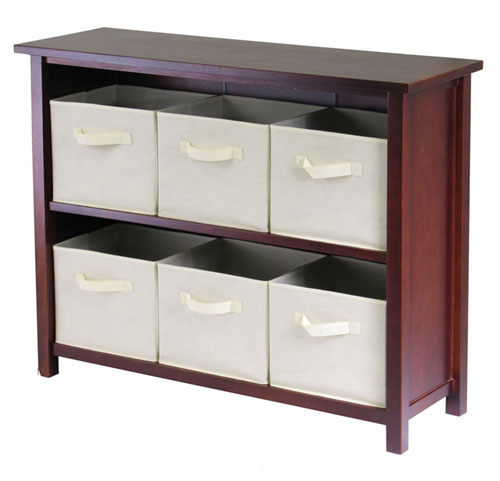 94891 Verona 2 Section W Storage Shelf with 6 Foldable Fabric Baskets - Walnut and Beige