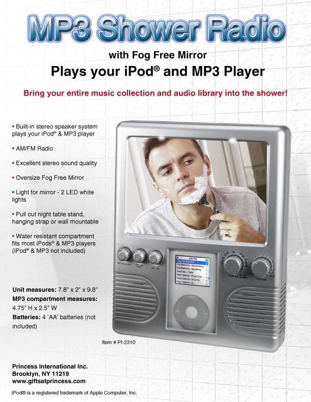 Fog Free Shower Mirror - Princess PI-2310 MP3 Shower Radio With Fog Free Mirror