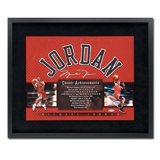 Upper Deck Michael Jordan Autographed Chicago Bulls Career Achievement Jersey Letters Piece Framed (UDA) 18661