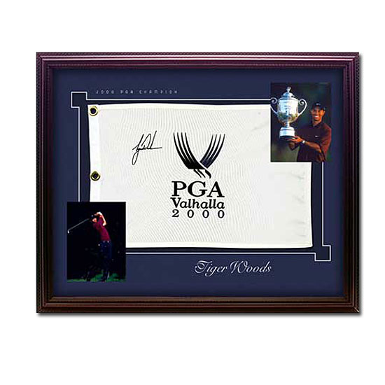 Upper Deck Tiger Woods Autographed -2000 PGA Championship- Pin Flag with Photos - Framed (UDA) 18508