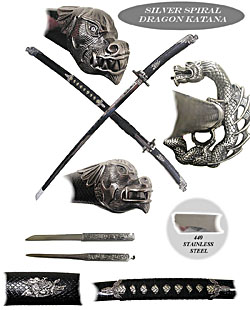 42 inch Silver Spiral Dragon Katana +EXTRAS