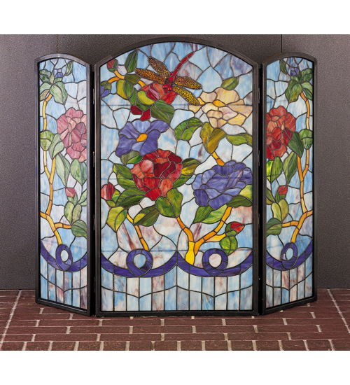 Meyda Tiffany 27234 40 Inch W X 34 Inch H Dragonfly/Flower Fireplace Screen