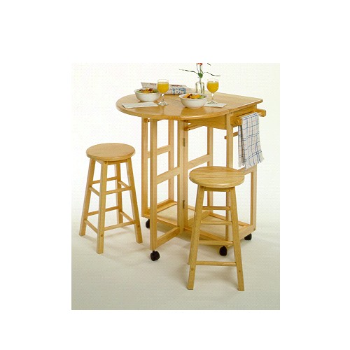 Winsome 89332 Space Saver Drop Leaf Breakfast Bar with Stools-Natural