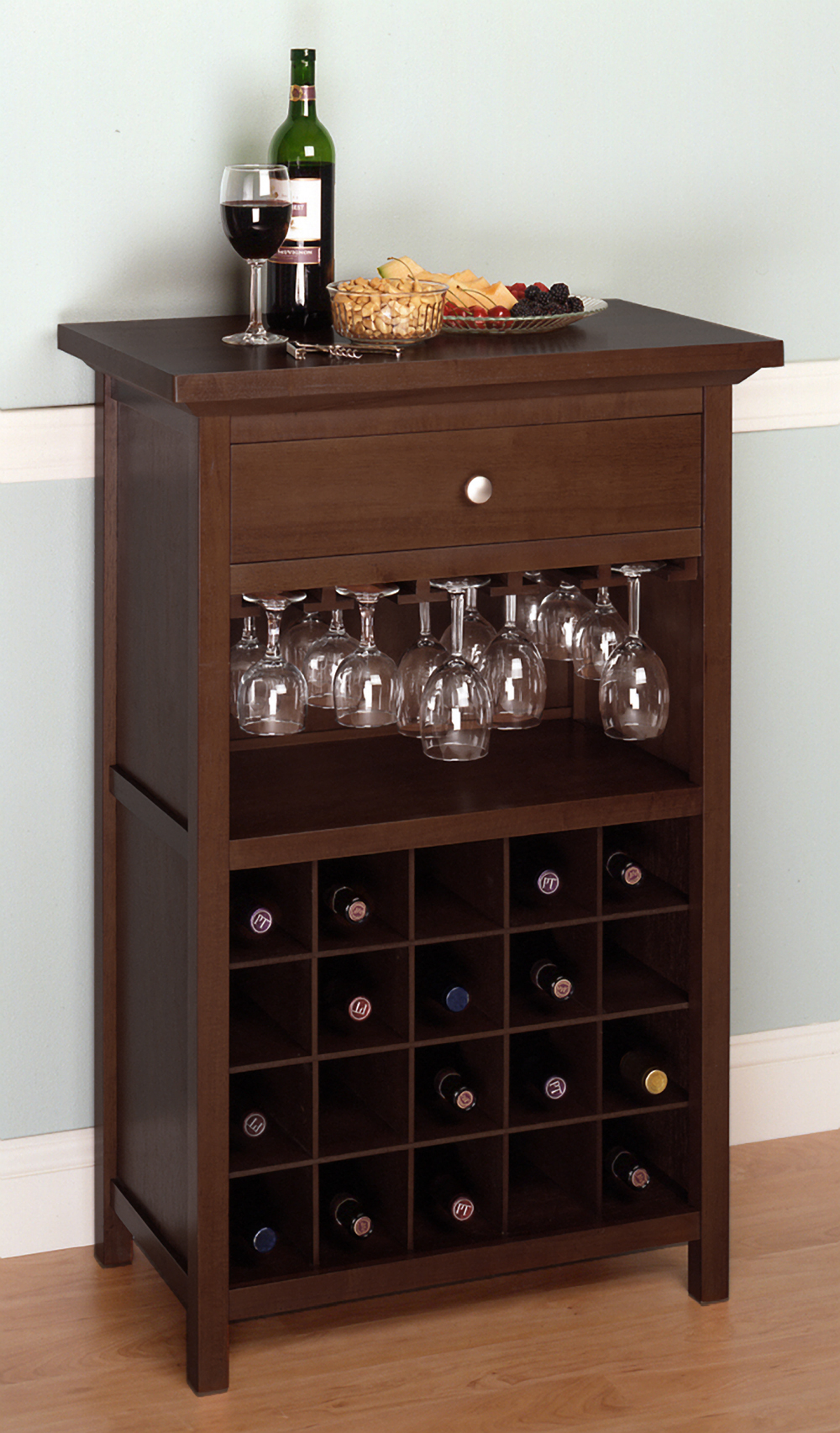 94441 Walnut Beechwood Wine Cabinet Glass 20 Btl