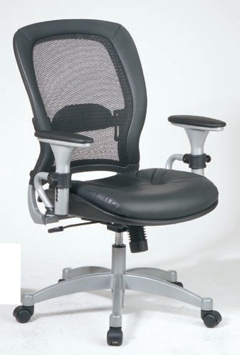 Office Star SPACE 2662 Leather Matrex Back Chair with Adjustable Arms/Platinum Finish Accents - Grey