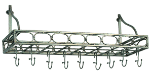 103pw 36 Inch X 9 Inch X 11.75 Inch Antique Pewter Bookshelf Pot Rack With 8 Hooks