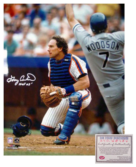 Gary Carter Hand Signed 16x20 Photo - New York Mets Catching with HOF 03 Inscription