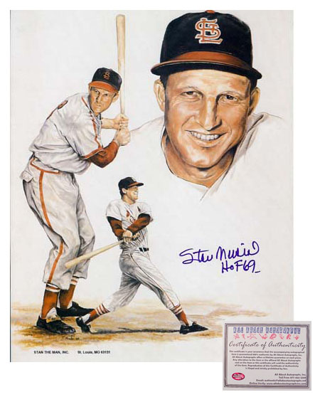 Stan Musial Hand Signed 8x10 Photo - St Louis Cardinals Sketch with HOF 69 Inscription
