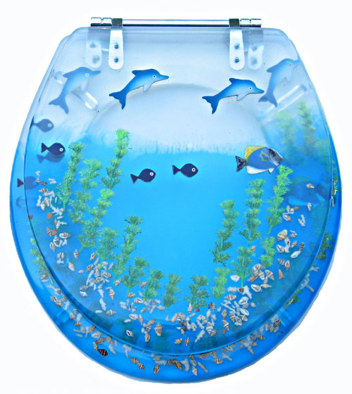 Chrome Toilet Seat - American Trading House HYPL-111 Polyresin Toilet Seat With Chrome Hinges 17 Inch Dolphins And School Of Fish In Aqua Water