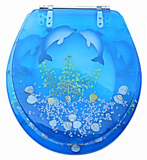 Chrome Toilet Seat - American Trading House HYPL-120 Polyresin Toilet Seat With Chrome Hinges 17 Inch Twin Dolphins In Blue Sea
