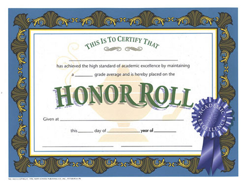 School Publishing H-va512 Certificates Honor Roll With Blue Rib.