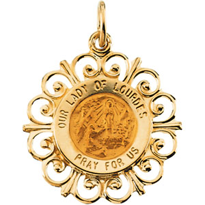 14K Yellow Gold Round Our Lady Of Lourdes Pendant Medal