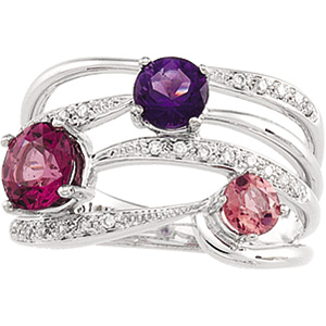 14K White Gold Genuine Amethyst Rhodolite Garnet Pink Tourmaline and Diamond Ring Ring Size: 6