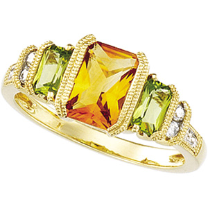 14K Yellow Gold Genuine Peridot, Genuine Citrine and Diamond Ring Ring Size: 6