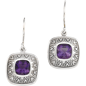 14K White Gold Genuine Amethyst and Diamond Earrings