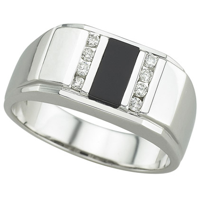 14K White Gold Rectangle Onyx and Diamond Men's Ring Ring Size: 9.5