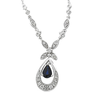 14K White Gold Genuine Blue Sapphire And Diamond Necklace