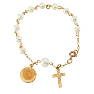 14K Yellow Gold First Holy Communion With Pearls Rosary Bracelet