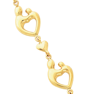 14K Yellow Gold Mother and Child mom bracelet W/Hearts - 7 inches