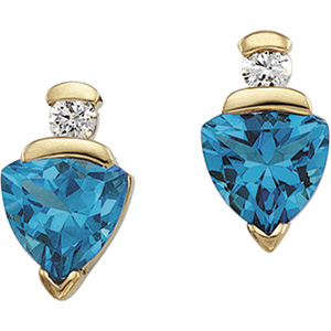 14K Yellow Gold Genuine Swiss Blue Topaz and Diamond Earrings