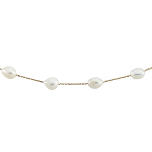 14K Yellow Gold 09.00-11.00 Mm White Baroque Pearl Station Necklace - 20 inches