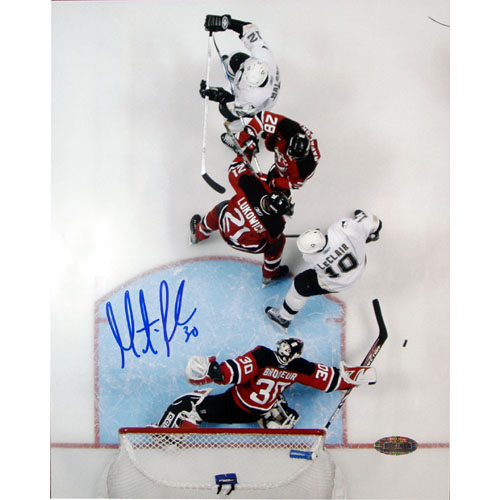 Hockey Stick - Steiner Sports BRODPHS008032 Martin Brodeur Autographed Overhead Stick Save Against Leclair 8x10 Photograph