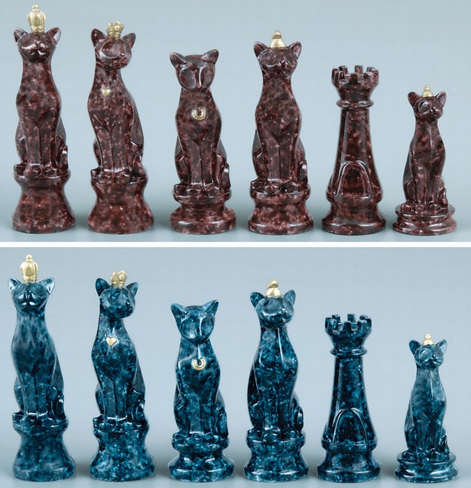 Chess Board - Fame 2630 Marbleized Cats Chess Set King 4 Inch With 356B-glass Board Included