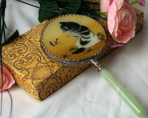 Make Up Mirror - Jade Handled Hand Mirror With Kitten/Cat