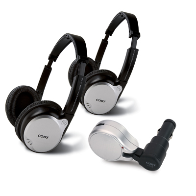 Coby CV870 Two Wireless Headphones with Wireless Car FM Transmitter for Portable DVD Players