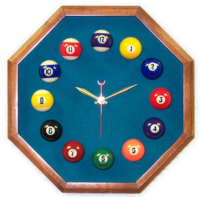 Billiard Clock - 13in Octagon Billiard Clock Mahogany And Std Green Mali Felt
