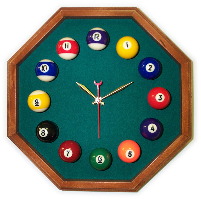 Billiard Clock - 13in Octagon Billiard Clock Mahogany And Dark Green Mali Felt
