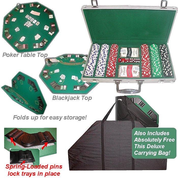 300 11.5g Dice Striped Chips Alum Case and Poker Table Top