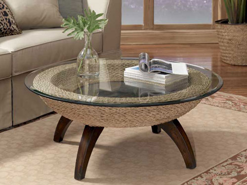 Cocktail Tables - Powell 965-202 Carmel Dark Mahogany Round Drum Cocktail Table GC3 Glass Top Sold Separately