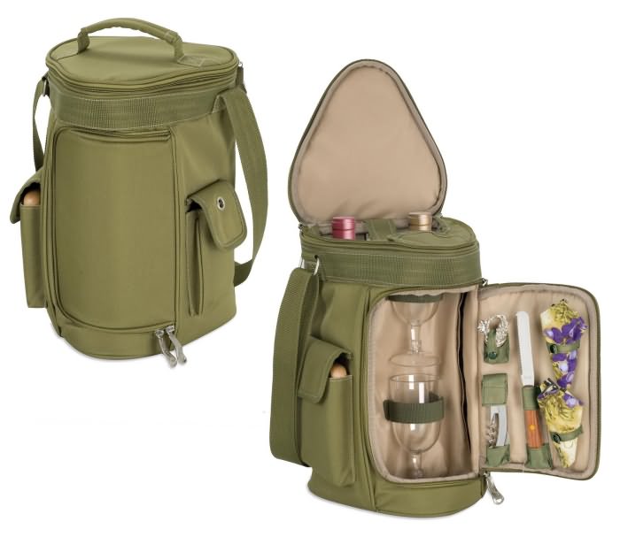 Picnic Time 629-60-123 Meritage Insulated triangular 2-bottle wine tote with sevice for 2