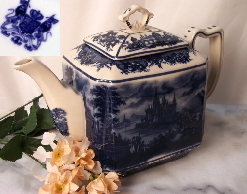 Blue and White Toile Castle Tea Pot