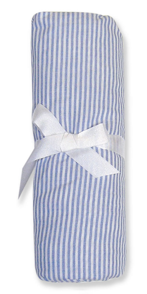 Crib Bedding - Trend Lab 100482 PINSTRIPE CRIB SHEET - BLUE - TRAIN And PATCHWORK