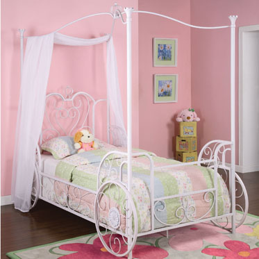 Bed Canopy - Powell 374-042 Princess Emily Shabby Chic White With Pink Sand-Through Carriage Canopy Twin Size Bed