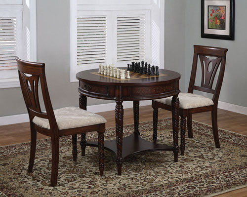 Powell 545-207 Masterpiece Round Game Table with Game Pieces, Drawer and Shelf - Distressed Faux Mahogany Finish with Hand Burnished Highlights