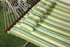 Bliss Hammocks BQH-481 Bliss Euro Quilted Hammock with Button Tuft Pillow - Dark Green Lt. Green Red White Stripe Pattern