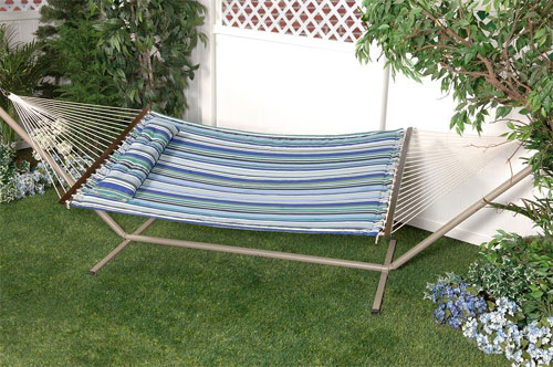 Bliss Hammocks BQH-485 Bliss Euro Quilted Hammock with Button Tuft Pillow - Hunter Green, Green, Blue, Lt. Blue, White Stripe Pattern