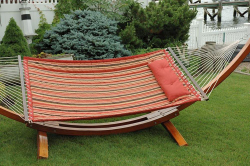 Bliss Hammocks BQH-487 Bliss Euro Quilted Hammock with Button Tuft Pillow - Green, Orange, Red, Bone, Brown, Yellow, Blue Stripe