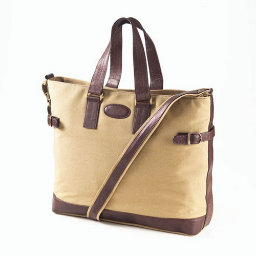 Clava 55-1501 Canvas Everyday Tote w/ Leather Trim - Khaki Canvas with Cafe Leather Trim