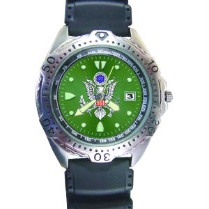 Zan Headgear V5D38 Sport Watch, Rugged, Chrome, US Army, Green Face, Rubber Bd