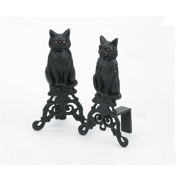 Chimney 61288 Woodfield Cat andirons with Glass Eyes 10.25 x 17 Inchh x 7 Inchd Set of 2