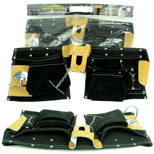 Extra Wide 10 Pocket Genuine Leather Tool Bag - Black