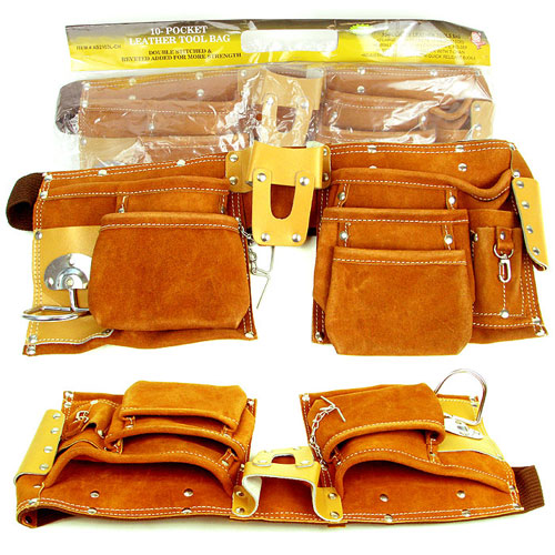 Extra Wide 10 Pocket Genuine Leather Tool Bag - Cherry